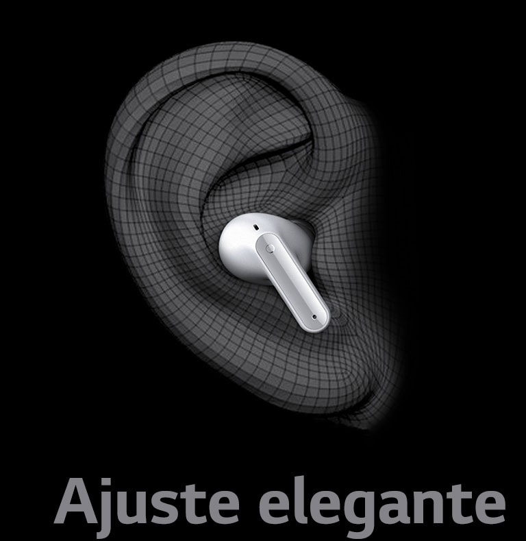 Imagem em 3D do TONE Free na orelha. Abaixo vemos a frase ajuste elegante.