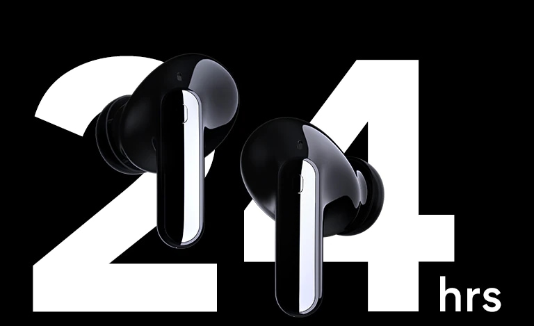 Os fones de ouvido parecem flutuar na frente do texto "24 hrs".