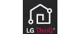 Logotipo do LG ThinQ com uma casa estilizada e ícone de tecnologia, sobre fundo preto.