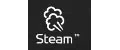 Ícone de vapor branco com a palavra "Steam" abaixo em um fundo preto, representando a função Steam da LG.