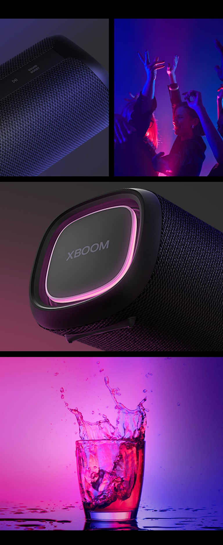 Colagem. A partir da esquerda, vista aproximada da LG XBOOM Go XG5. A seguir, uma imagem de pessoas curtindo a música. À direita, de cima para baixo: vista aproximada da caixa de som com iluminação rosa e dois copos de bebida.