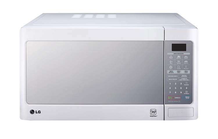 Vista frontal de Micro-ondas Branco LG. Menos tempo com a limpeza, mais tempo pra você. MH7048G(A)