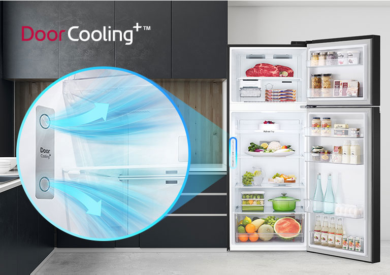 DoorCooling+™ LG. Resfriamento rápido e uniforme, inclusive na porta. Resfriamento mais rápido!