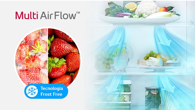 Multi Air Flow LG. Temperatura uniforme e mais flexibilidade para guardar seus alimentos.