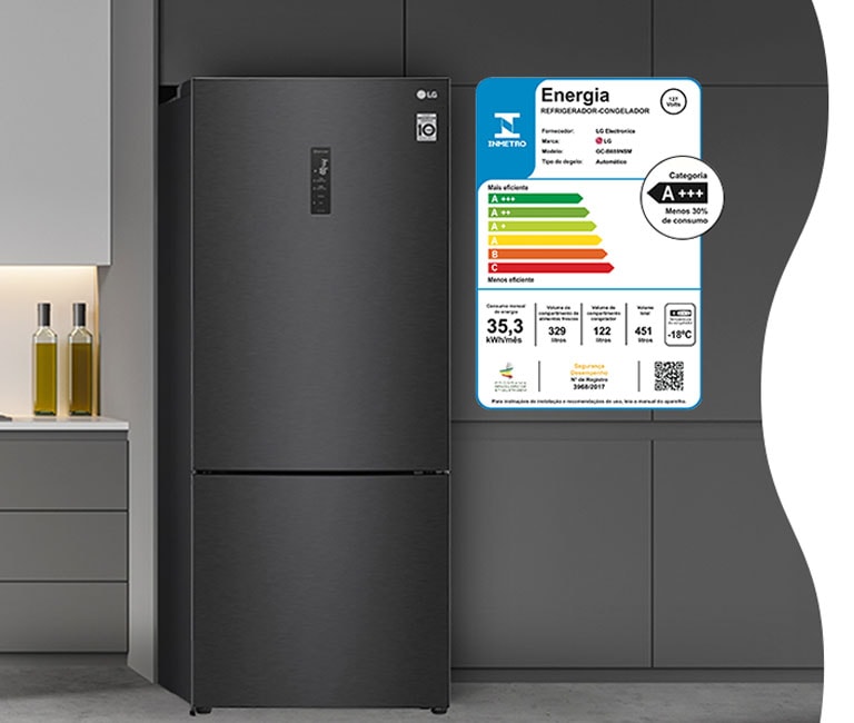 Economia de energia com classificação energética A+++. Nova linha de Geladeiras LG Inverse, com compressor Smart Inverter.