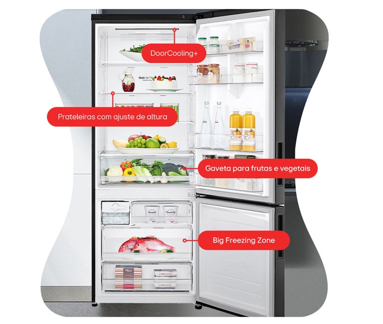 Mais praticidade para sua cozinha. Prateleiras com controle de altura, gaveta para frutas, verduras e legumes e resfriamento