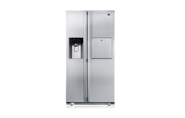 Vista frontal de O refrigerador side by side LG com tecnologia diferenciada e design exclusivo GC-P217BSKV
