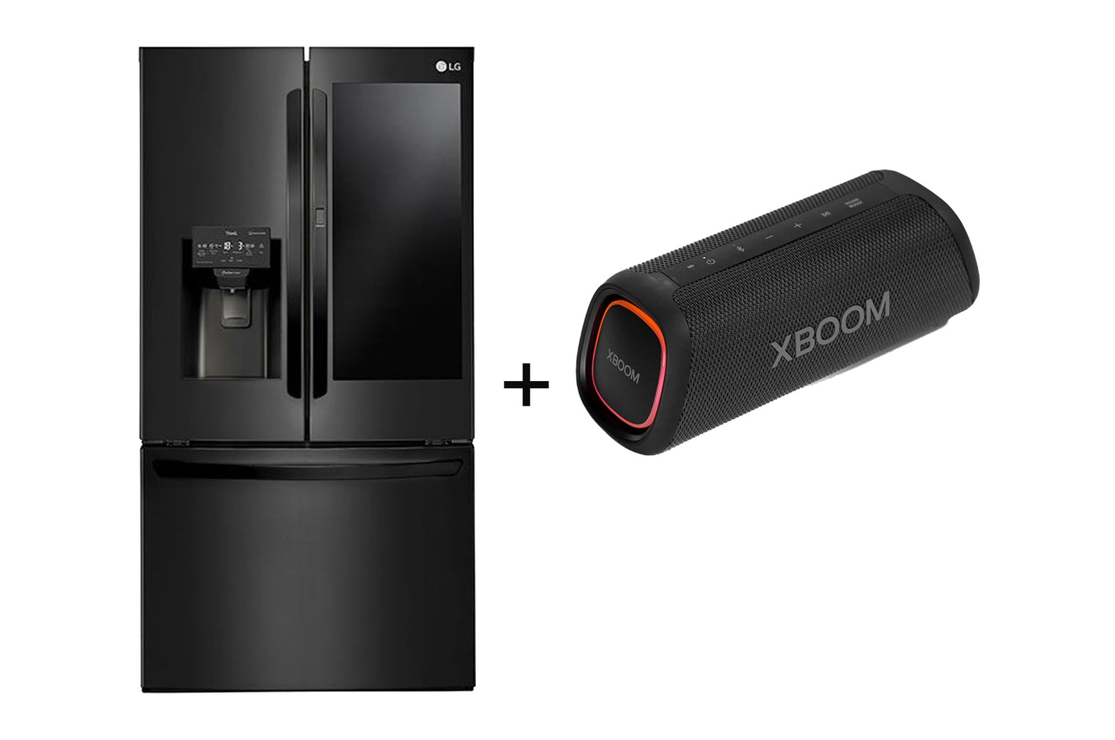 Vista frontal de Combo Geladeira Smart LG Inverter French Door InstaView Door-in-Door 660L Black Inox 127V + Caixa de Som XBOOM XG5S X288NQXH.XG5S