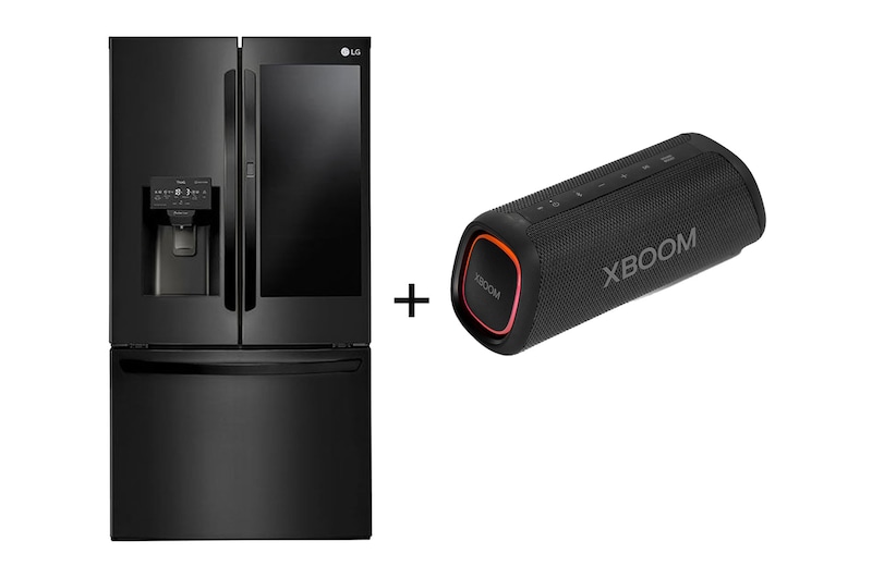 Vista frontal de Combo Geladeira Smart LG Inverter French Door InstaView Door-in-Door 660L Black Inox 127V + Caixa de Som XBOOM XG5S X288NQXH.XG5S