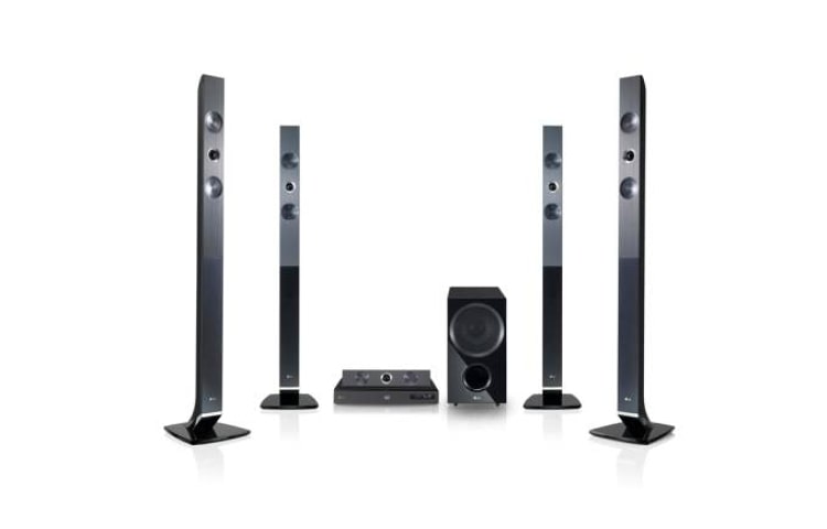 Vista frontal de Elegância e Design em um Home Theater 3D Blu- Ray acompanhado da tecnologia Wireless. HB966TZW