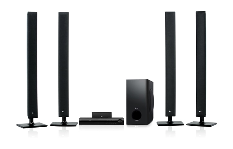 Vista frontal de Home Theater com caixas acústicas torre e sistema wireless HT805THW