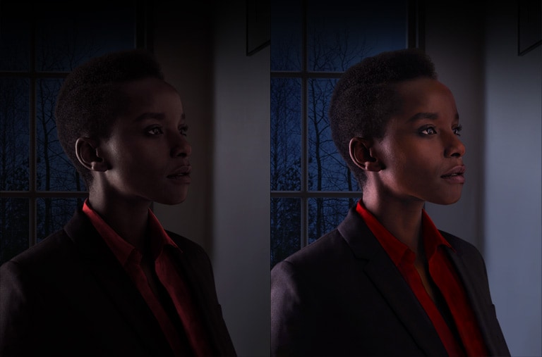 Duas fotos iguais de uma mulher, uma escura, à esquerda, e outra clara, à direita