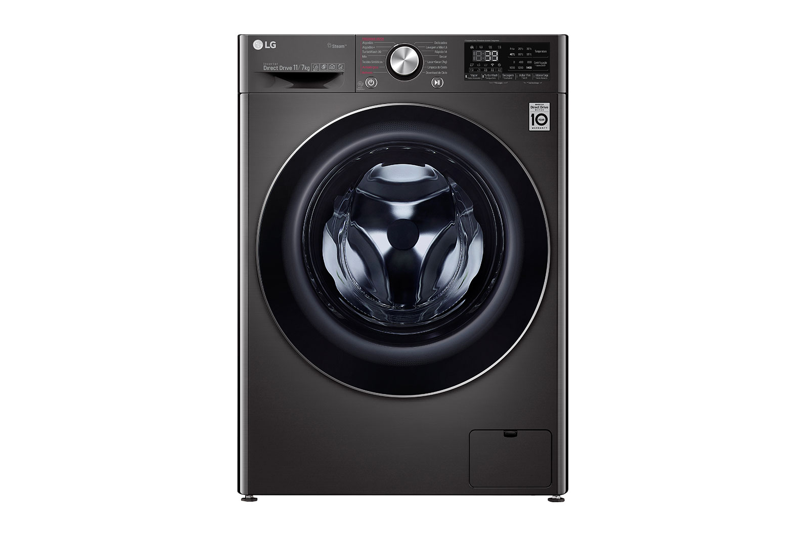 Vista frontal de Lava e Seca Smart LG VC2 11kg Aço Escovado Preto com Inteligência Artificial AI DD™️ CV9011EC4