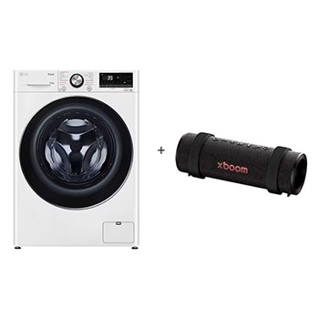 Vista frontal de Lava e Seca LG Smart VC2 14kg Branca 127v + Caixa de Som Bluetooth LG xboom Grab by will.i.am - East LA CV9014W.GRAB