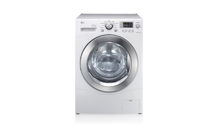 Vista frontal de Lavadora LG Prime 8,5kg branca com sistema Front Load e sensor automático de cargas. WD-1403FD(A)