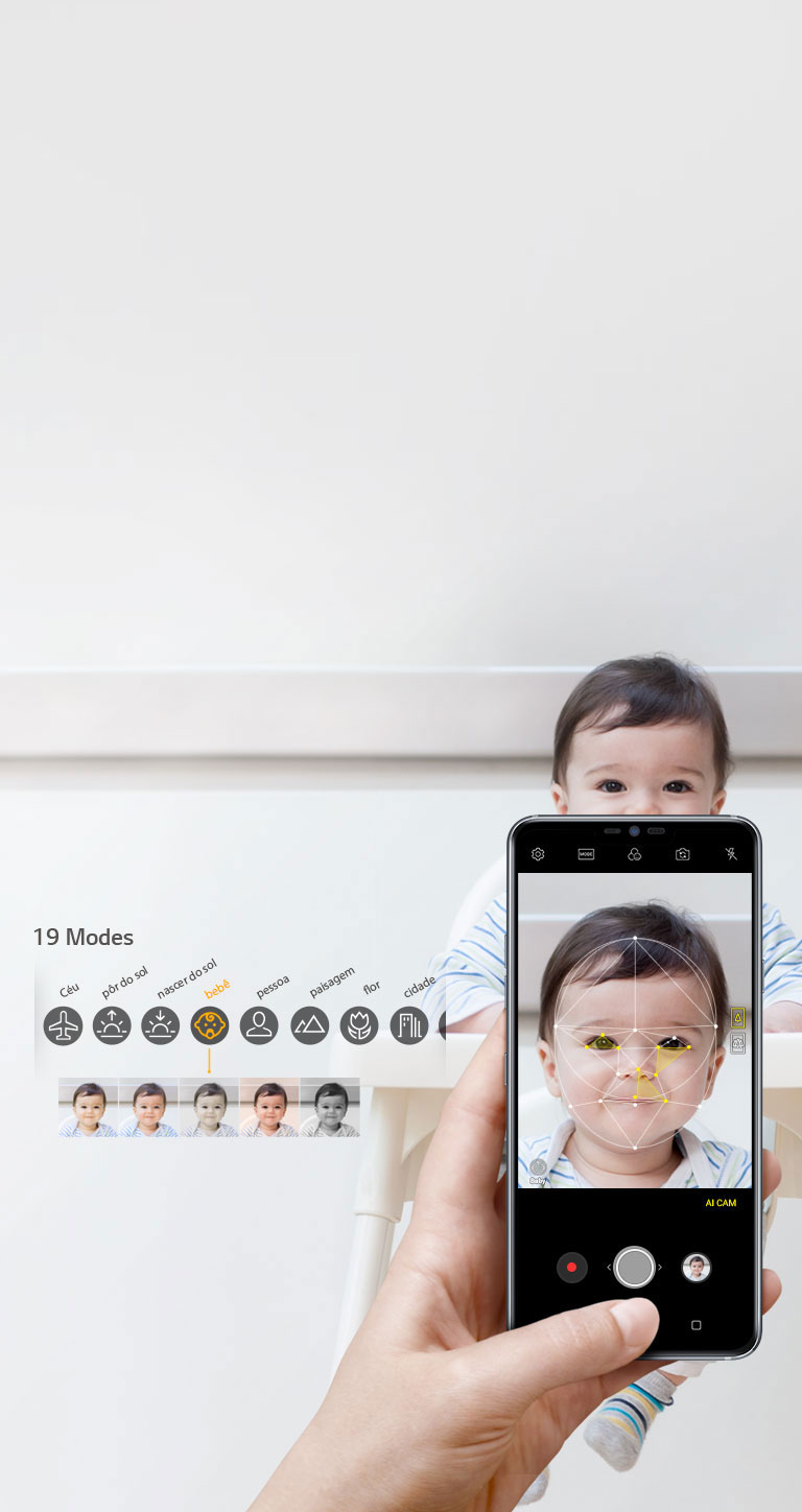 Câmera com inteligência artificial do Smartphone LG G7 ThinQ. Ela analisa o ambiente, aplica filtros automáticos e registra o melhor momento, como se uma pessoa tirasse a foto. 19 Modos de fotografia.