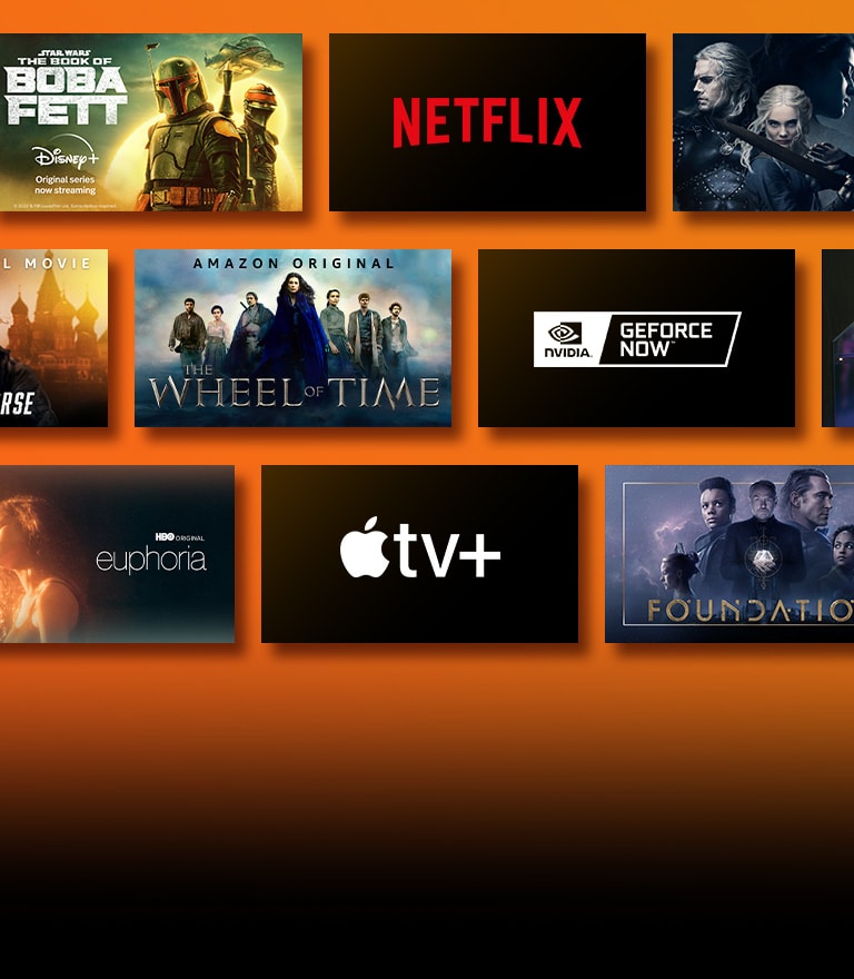 Há logotipos das plataformas de streaming com cenas correspondentes ao lado de cada um. Logotipo Netflix, A Casa de Papel e The Witcher. Logotipo Disney e Boba Fett. Logotipo Prime Video, Sem Remorso e A Roda do Tempo. Logotipo Livenow, imagem promocional de Mamamoo e imagem promocional de OneUs. Logotipo NVIDIA Geforce Now e cenas dos jogos Cyberpunk 2077 e Splitgate. Logotipo HBO Max, A Escuta e Euphoria. Logotipo Apple TV plus, Fundação e Finch. 