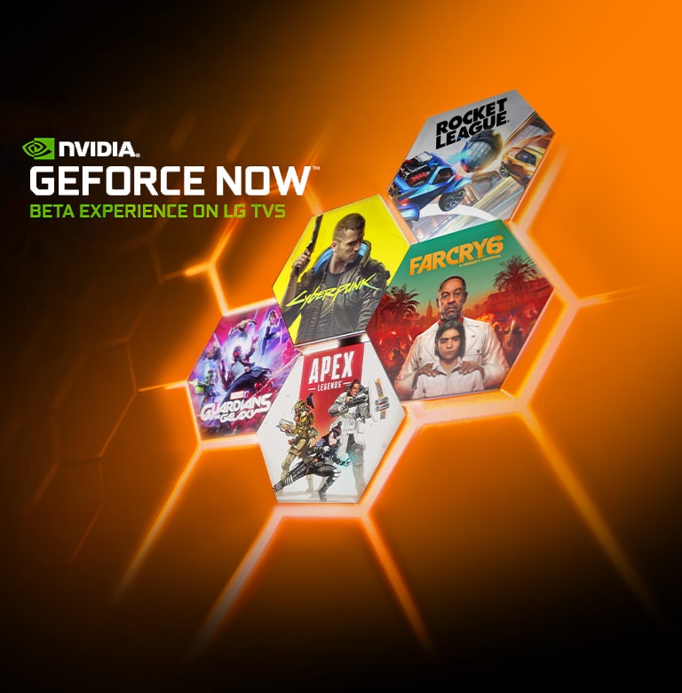 Há diversas imagens pequenas para diferentes games da NVIDIA GEFORCE NOW, incluindo Rockey League, Farcry 6, Apex legends, etc. E o logotipo NVIDIA Geforce Now está colocado no canto superior esquerdo. 
