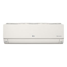  Ar-condicionado LG Dual Inverter branco montado na parede com painel frontal liso e LEDs indicadores.