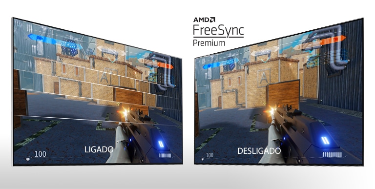 Duas telas de TV lado a lado mostrando um jogo de tiro. A esquerda mostra o FreeSync desligado, e a direita, o FreeSync ligado.