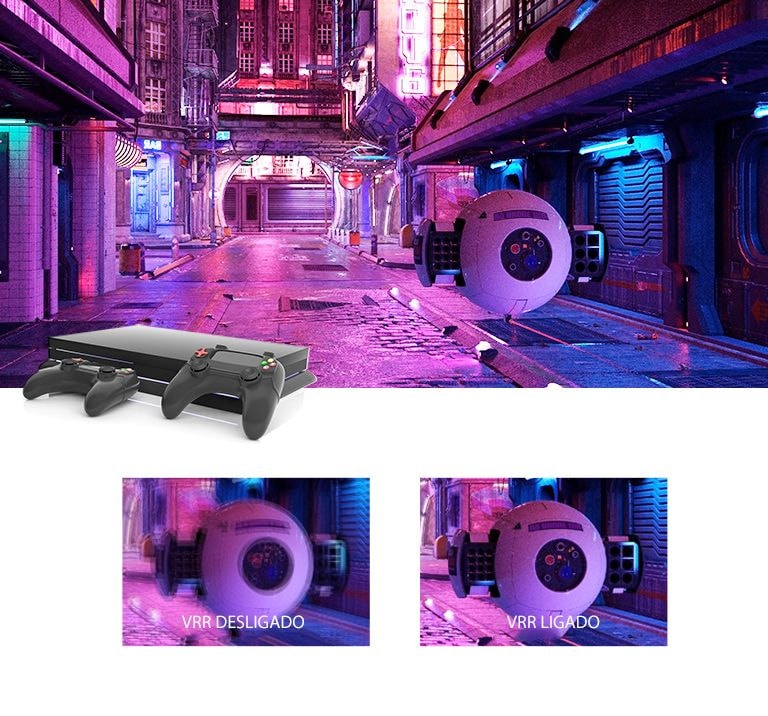 Uma rua iluminada em rosa com uma engenhoca robótica futurística. Sobre a imagem, há um console de jogos. Abaixo, duas vistas aproximadas da engenhoca robótica: a da esquerda está desfocada para mostrar o VRR desligado, e a da direita está nítida para mostrar a imagem com VRR.