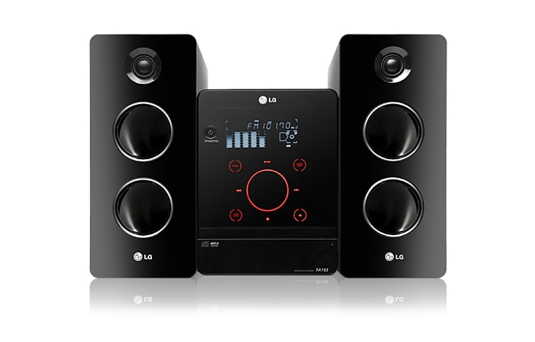 Vista frontal de Micro System com potência de 160W RMS e sofisticado design em black piano FA162