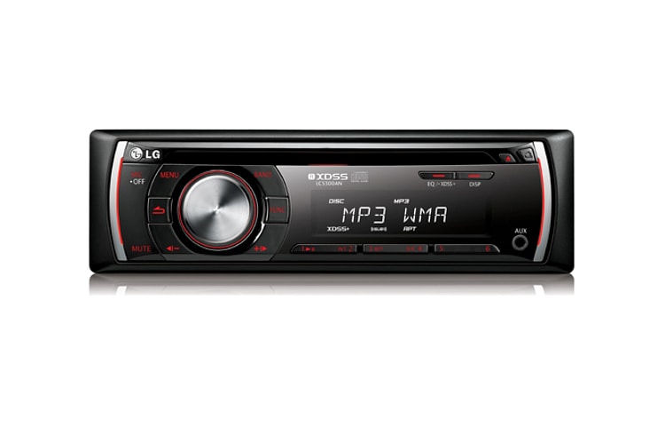 Vista frontal de Som automotivo com rádio e CD player com entrada auxiliar e compatibilidade com diferentes formatos de música. LCS300AN