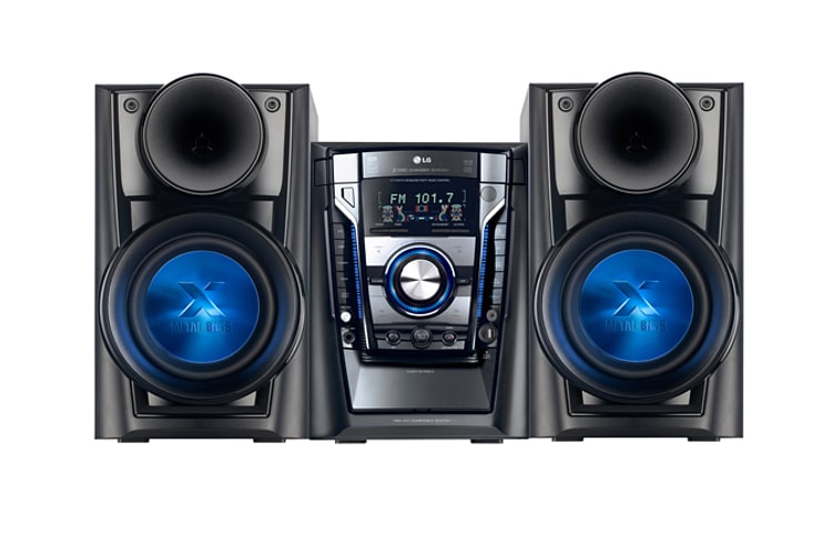 Vista frontal de Mini System potente com caixas-acústicas inclinadas para melhor propagação do som MCD605