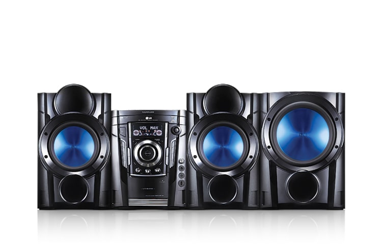 Vista frontal de Mini System com caixas acústicas especiais que dispersam toda a potência e qualidade de som MCT704