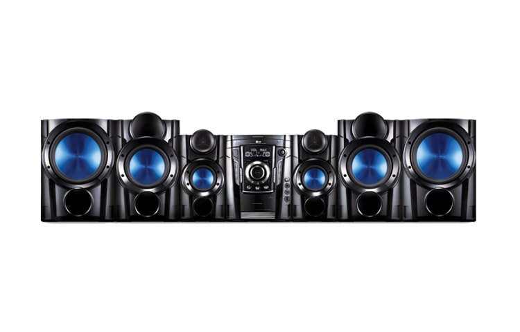 Vista frontal de Mini System potente com caixas-acústicas inclinadas para melhor propagação do som MCV904