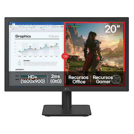 Monitor LG LED Home & Office 20U401A-B Tela 20” HD+, LG Switch, Modo leitura e Flicker Safe, HDMI, VGA, 2ms (GtG), 75Hz, Black Stabilizer, Dynamic Action Sync, Crosshair, saída fone de ouvido - 20U401A-B