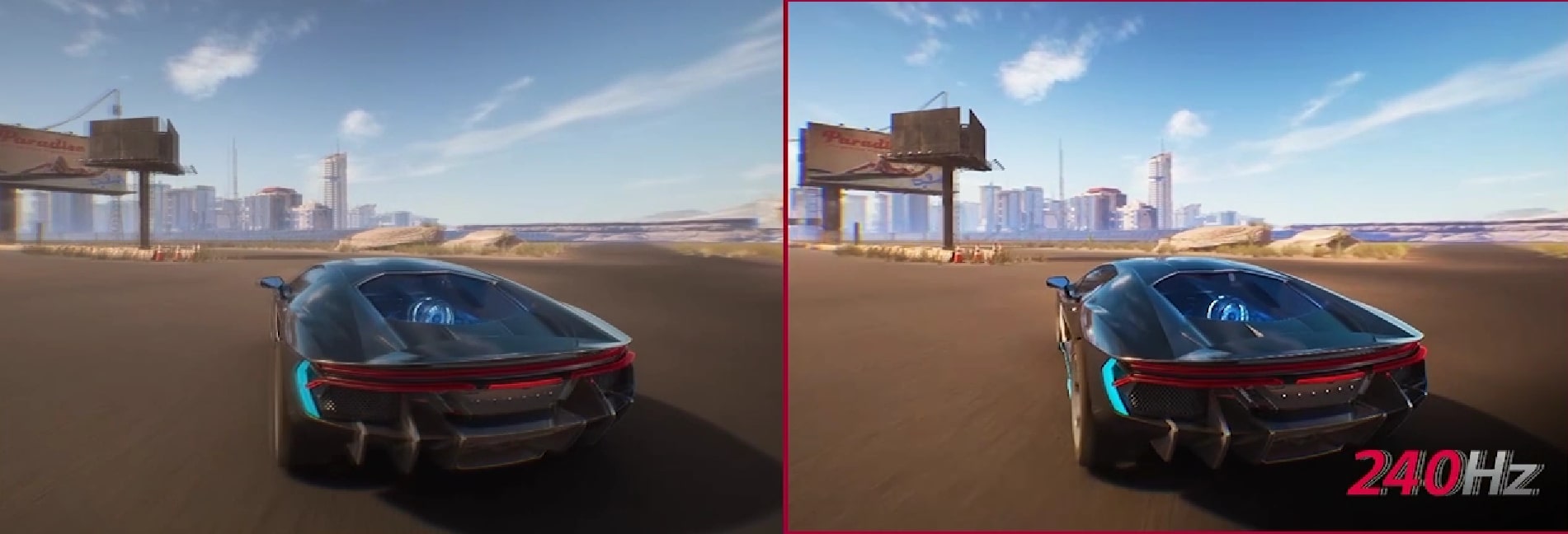 Ele mostra duas animações comparadas, um carro rodando no jogo. As duas animações parecem iguais, mas a primeira que não aplica uma taxa de atualização de 240 Hz é menos clara que a outra.