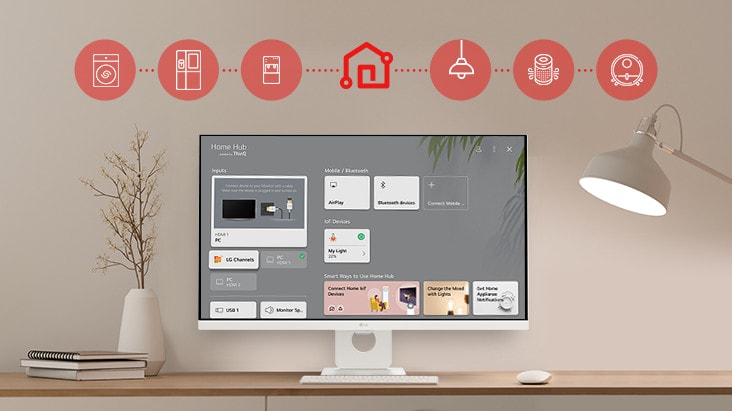 Na tela do monitor da mesa, o painel Home é exibido e, na parte superior da imagem, há ícones de eletrodomésticos, como máquinas de lavar, geladeiras, aspiradores de pó, etc., que podem ser controlados por meio do aplicativo LG ThinQ.