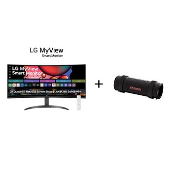 Vista frontal de Monitor LG MyView Smart 34SR60QC-B Tela curva 34" + Caixa de Som Bluetooth LG xboom Grab by will.i.am - East LA   34SR60.GRAB