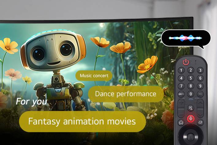 Esta é uma imagem que exibe imagens de filmes na tela depois de procurar por 'filme de animação de fantasia' usando o controle remoto mágico.