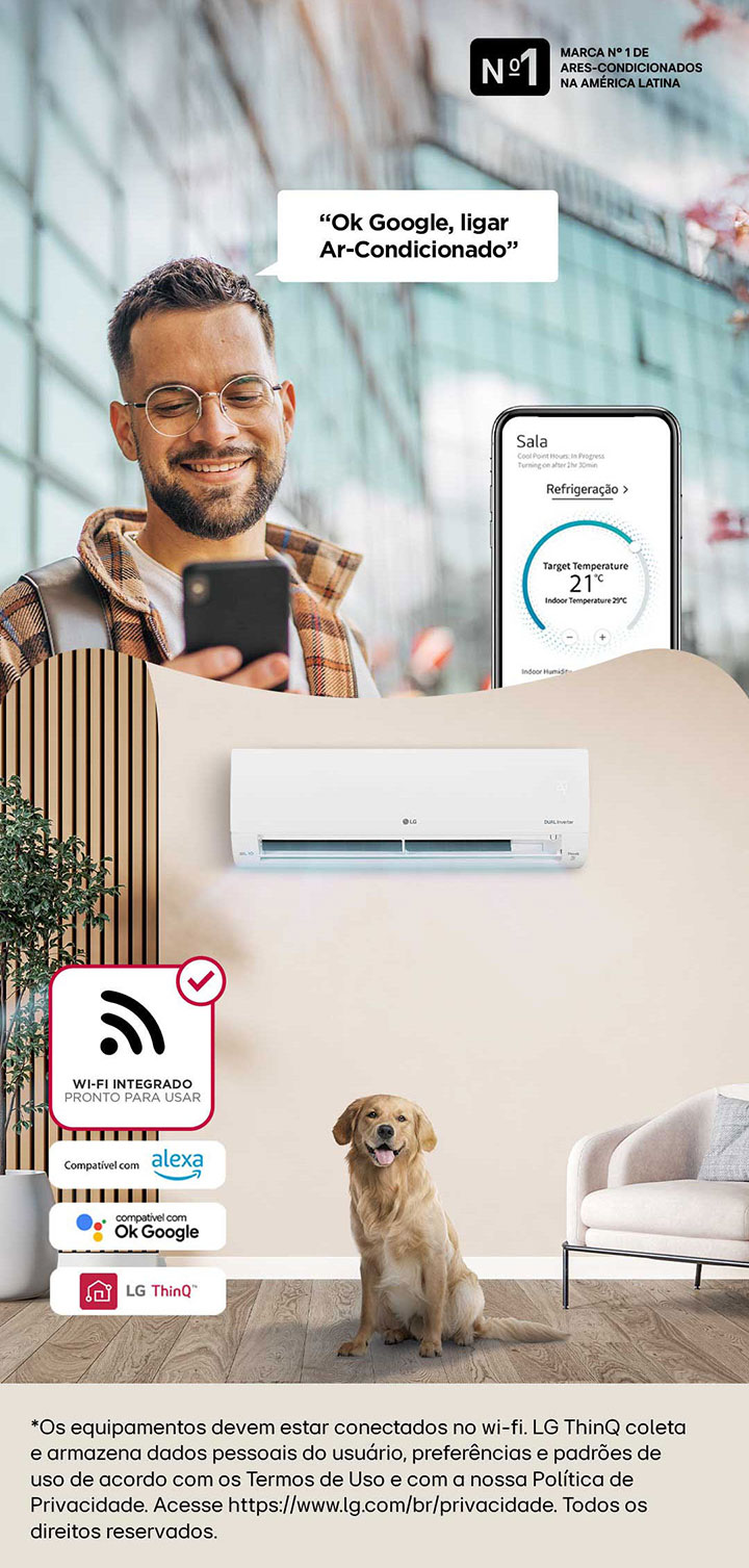 Inforgráfico mostrando a conectividade e integração dos ares-condicionados LG com assistentes virtuais.