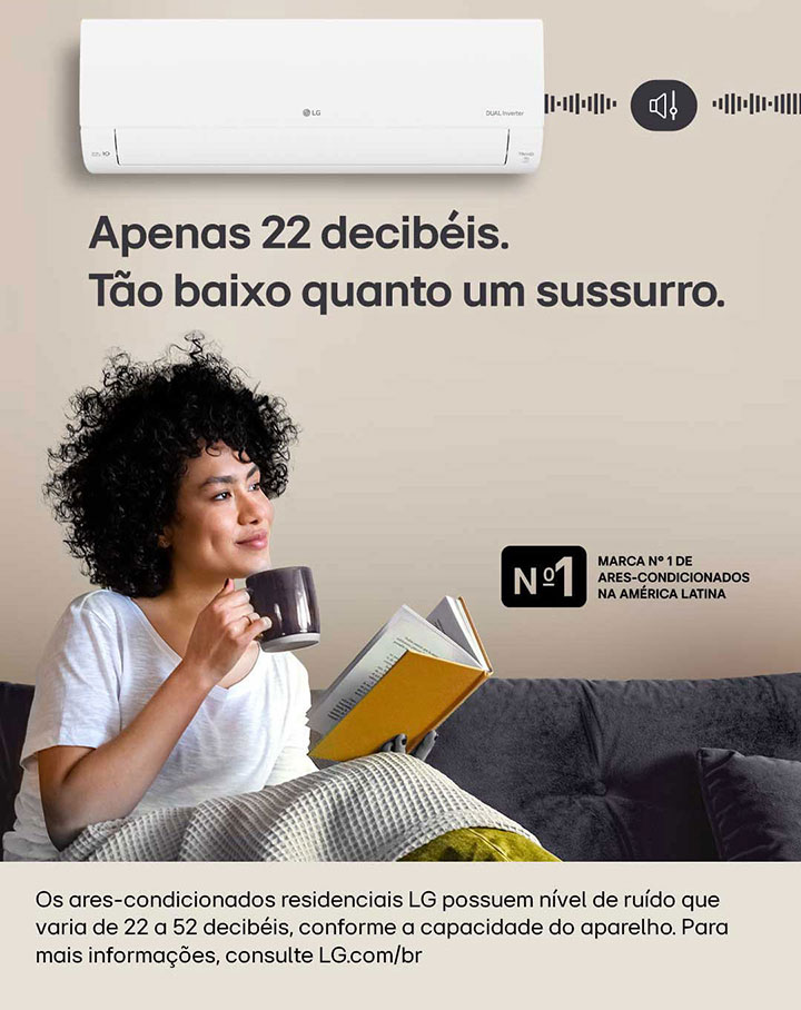 Infográfico mostrando a redução de ruídos dos ares- condicionados LG que varia de 22 a 52 decibéis