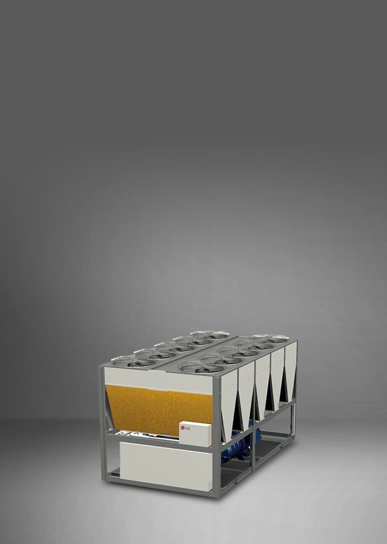 É exibido um resfriador de parafuso resfriado a ar LG em cinza e branco, com ventilador retangular e estrutura de aleta nua revestida de ouro.