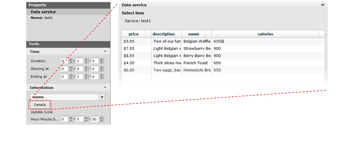 The SuperSign N detail view of data service