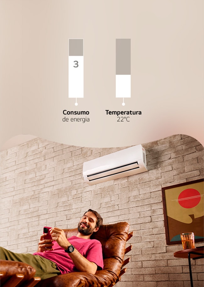 Infográfico animado simulando a redução do consumo de energia em 4 níveis enquanto a temperatura escolhida permanece fixa