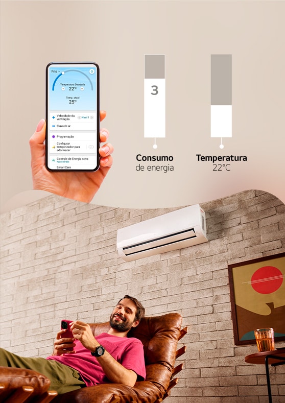 Infográfico animado simulando a redução do consumo de energia em 4 níveis enquanto a temperatura escolhida permanece fixa