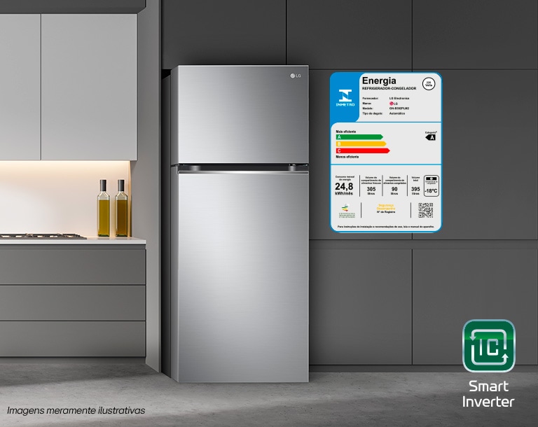 Geladeira LG inox na cozinha moderna, com etiqueta de eficiência energética A+++.