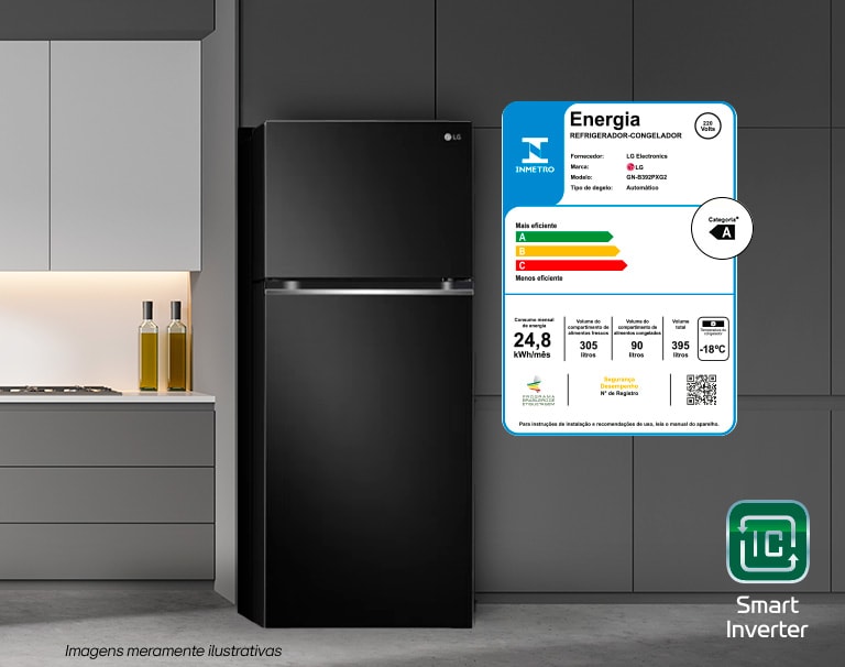 Economia de energia com classificação energética A. Nova linha de Geladeiras LG Inverse, com compressor Smart Inverter.