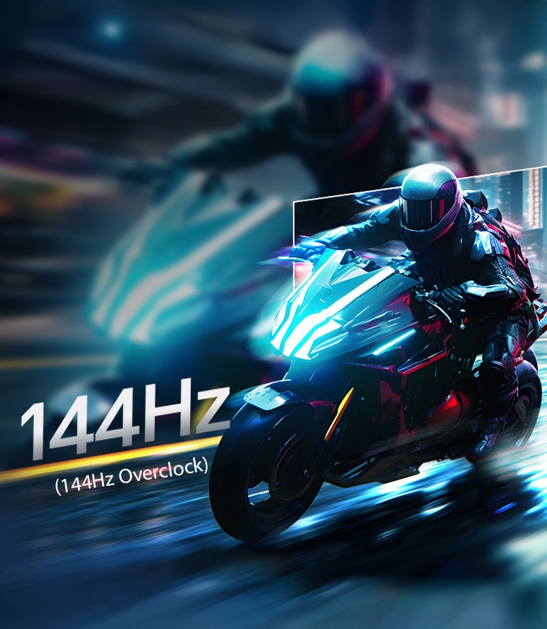 Cena de jogo de corrida com resposta extremamente rápida e taxa de atualização de 120Hz.