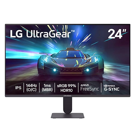 LG Monitor UltraGear™ , 144Hz (O/C), Tela IPS FHD 24", 1ms (MBR), NVIDIA G-SYNC, AMD FreeSync, HDR10, sRGB 99% - 24G411A-B