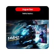 Esta imagem mostra um monitor de jogos UltraGear™ em uma configuração de mesa exibindo uma cena de jogo, com ícones indicando design sem borda de 3 lados, ajuste de altura, suporte de inclinação e compatibilidade com montagem em parede.