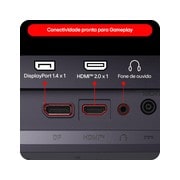 Vista frontal e lateral de um monitor de jogos ilustrando suas dimensões gerais e design de perfil.