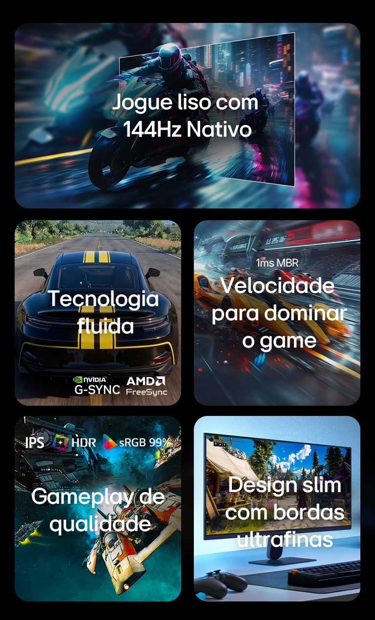 Esta imagem apresenta os principais recursos de um monitor Gamer LG, incluindo uma taxa de atualização de 144Hz para movimentos fluidos, display IPS com HDR10 e 99% de cores sRGB para visuais vívidos, jogabilidade suave com suporte NVIDIA G-SYNC e AMD FreeSync, tempo de resposta de 1ms MBR para jogos rápidos, e um design praticamente sem bordas para uma experiência imersiva.	
