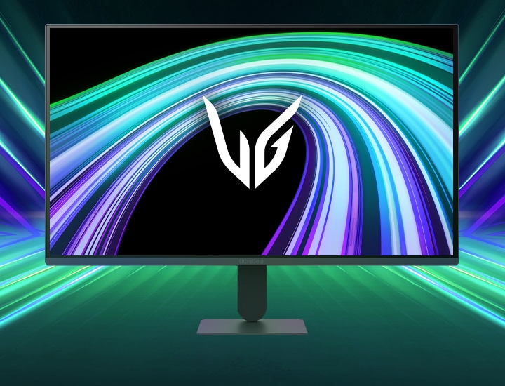 Imagem frontal do monitor gamer UltraGear™ 24g411b em fundo futurista iluminada por neon.	
