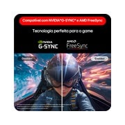 Esta imagem mostra um monitor de jogos UltraGear™ em uma configuração de mesa exibindo uma cena de jogo, com ícones indicando design sem borda de 3 lados, ajuste de altura, suporte de inclinação e compatibilidade com montagem em parede.